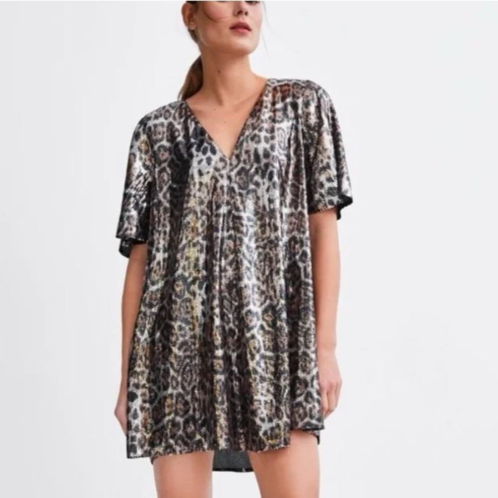 New Zara Trafaluc TRF Small Dress Sequin Animal Leopard V Neck Short Mini Swing